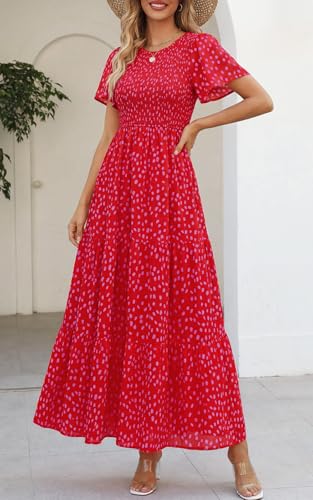 Image of PRETTYGARDEN Women's 2026 Summer Casual Flutter Short Sleeve Boho Floral Maxi Dress Crew Neck Smocked Tiered Long Dresses
