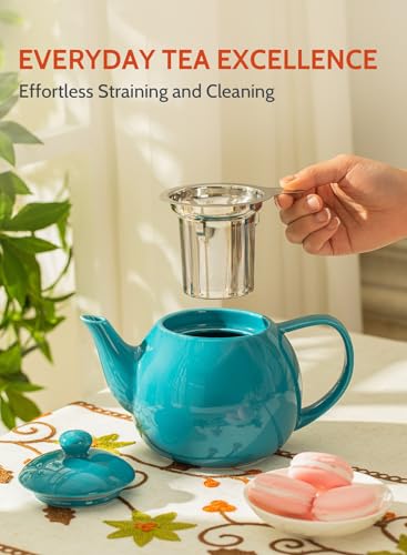 Image of Sweese Teapot, Porcelain Tea Pot with Stainless Steel Infuser, Blooming & Loose Leaf Teapot - 27ounce, Steel Blue