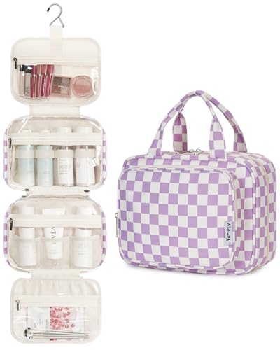 Image of Narwey Large Hanging Toiletry Bag Travel Makeup Bag Cosmetic Organizer for Women and Girls, Z-Purple Checkerboard, Medium
