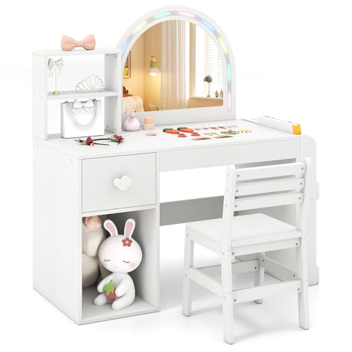 COSTWAY Tocador de Maquillaje Niña, Tocador Niña con Silla Ergonómica, Espejo Iluminado, Estantería de 2 Niveles y Cajón de Almacenamiento, Mesa de Maquillaje para Niños de 3+ Años