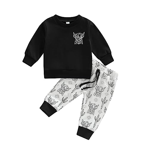 Image of SAYOO Western Baby Boy Clothes Cow Print Sweatshirt Pullover Top Jogger Pants 2Pcs Toddler Boy Cowboy Fall Winter Outfits