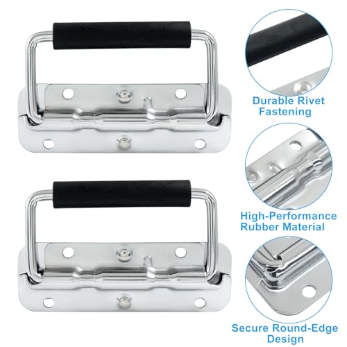 Image of Spring Loaded Handle, 120mm / 4.7 Inch Heavy Duty Folding Handle with Durable Rubber Grip for Toolboxes, Cabinets, Easy to Install, 2Pcs