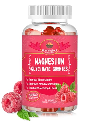 65 Ct Magnesium Glycinate Gummies 700mg - Magnesium Glycinate Supplements with Vitamins D, B6, CoQ10 - for Sleep, Relaxation & Stress Relief - Vegan, Sugar Free, Raspberry Flavor