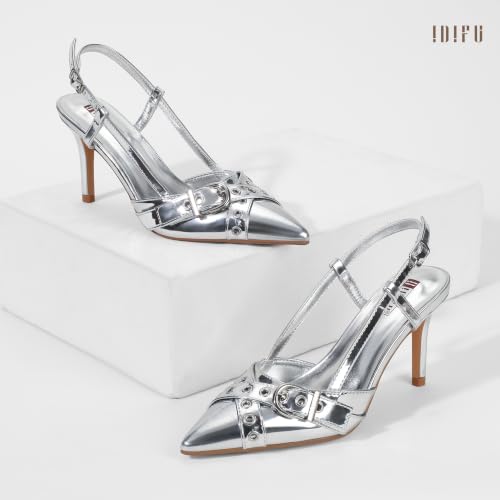 Image of IDIFU IN3 Slingback Kitten Heels for Women Stiletto Heel Closed Pointed Toe Pumps Buckle Straps Dress Shoes Sexy Prom Party Work Trendy Fashion Comfortable Pumps Dressy Shoes