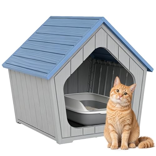 Image of Cat Litter Box Enclosure, Hidden Covered Litter Box Furniture with Air Holes, Resin Outdoor Cat House Weatherproof, Wide Opening Design for Easy Cleaning, Blue
