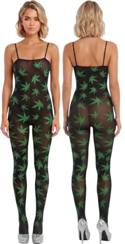 Image of ToBeInStyle Women's Thigh High Stockings Bodystocking Tights Medicinal Cannabis Marijuana Weed Leaf Print Festival Hosiery