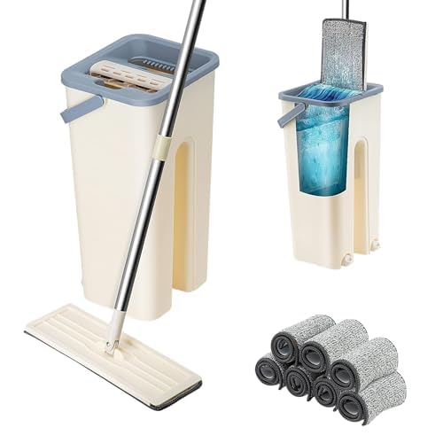 Flaches Wischmopp Set mit 2-Kammer Putzeimer – Bodenwischer mit Auswringfunktion, Edelstahl-Teleskopstiel & Waschbare Mikrofaser für Zuhause, Küche & Bad (10pc Grau)