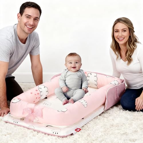 Image of Baby Lounger for Newborn-Portable Baby Lounger 0-24 Months for Home and Travel,Newborn Loungers with Strap, Baby Nest Lounger Adjustable Size,Raindrop Clouds