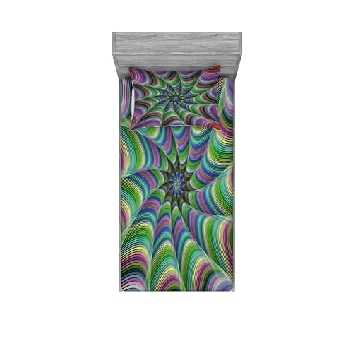 Ambesonne Fractal Fitted Sheet & Pillow Sham Set, Psychedelic Tentacles Converging into Flower Form Infinity Spinning Focus Design, Decorative Printed 2 Piece Bedding Decor Set, Twinxl, Green Purple