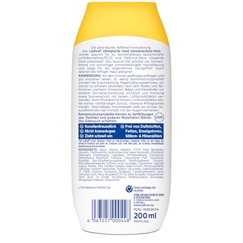 Ladival Allergische Haut Sonnenschutz-Gel LSF 30: Sonnencreme für den Körper bei Sonnenallergie und Mallorca-Akne, wasserfest, mit 4-fach Zellschutz, 200ml 2