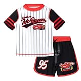 Disney Cars Lightning McQueen Toddler Boys Raglan Rash Guard and Swim Trunks UPF 50+ Outfit Set White/Red/Black 4T