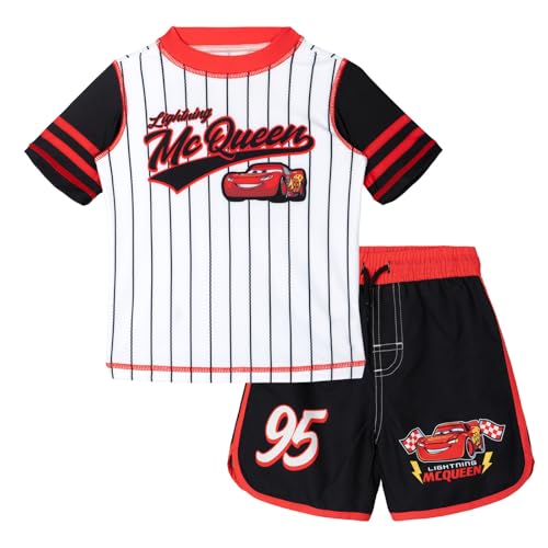 Disney Cars Lightning McQueen Toddler Boys Raglan Rash Guard and Swim Trunks UPF 50+ Outfit Set White/Red/Black 4T