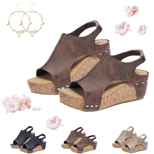 Cork Wedges for Women, Cork Wedges & Platform Slides, Thick Sole Comfy Leather Non-slip Summer Slippers - Main Image