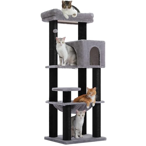 MUTTROS Large Cat Tree for Indoor Cats Large Adult, 57.8" Heavy Duty Cat Tower with Reinforced Scratching Posts (φ3.7in) and Plush Larger Hammock for Maine Coon & Big Cats, Supports 30lbs, Black