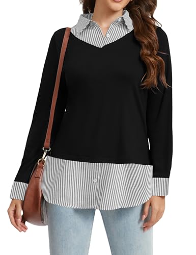 Image of Oyamiki Women's Casual Collared Curved Hem 2 in 1 Pullover Tops Plaid Contrast Shirt Blouse