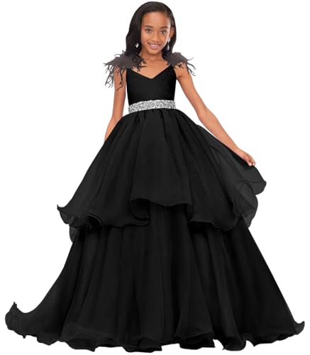 Girls Pageant Dress Ruffles A-Line V-Neck Crystal Prom Puffy Party Ball Gowns with Train PT149