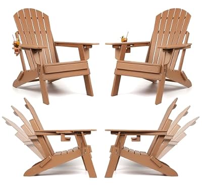 FUNBERRY Folding Adirondack Chairs Set of 4 with Adjustable Backrest, HDPE All Weather Fire Pit Chairs with Cup Holder