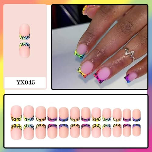 Image of Leopard Print French Tip Press on Nails Colorful Ombre Fake Nails Short Square Nail Press ons with Design Matte Full Cover Stick on Nail for Women Manicure 24Pcs