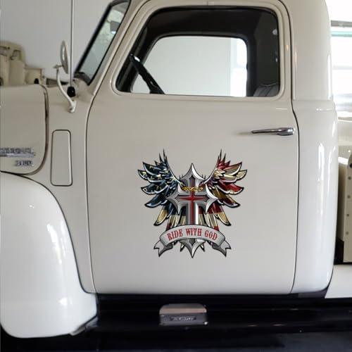 Image of Premium Ride with God Wings and Cross Helmet Sticker Decal - Motorcycle Tank, Tool Box, Bumper Vinyl for Car, Truck - Weatherproof, Durable Christian Faith Vinyl Decal (9 x 9 inches)