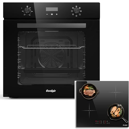 Cooksir Four Encastrable 60CM avec Prise, 60 Litres, 2000W, 7 Fonctions, Bouton Rotatif+Plaque à Induction 4 Feux, Encastrable 60 CM, 7200W, Commande Tactile...