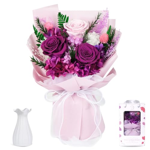 Vaanshie Forever Flowers Bouquet, Preserved Long Lasting Pink-Purple Roses Flower Bouquet for...