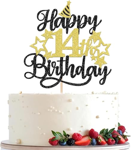 Image of Confetti! Glittering 14th Birthday Cake Topper with Star Hat - Cheers to 14 Years! Fabulous Cake Decorations for Kids' 14th Birthday & Anniversary Party Supply