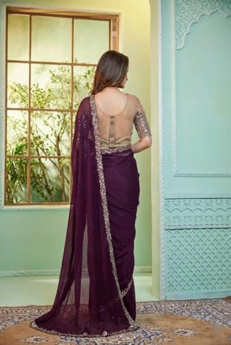 Image of Women's Bollywood Heavy Sequins Embroidery Work Georgette Saree with Unstitched Blouse