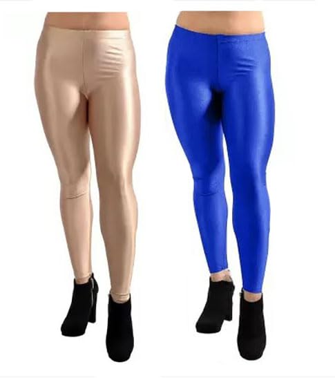 New Trend Shiny Churidar Leggings Combo for Women and Girls (Pack of 2) (XL, Skin & Blue)-image-6