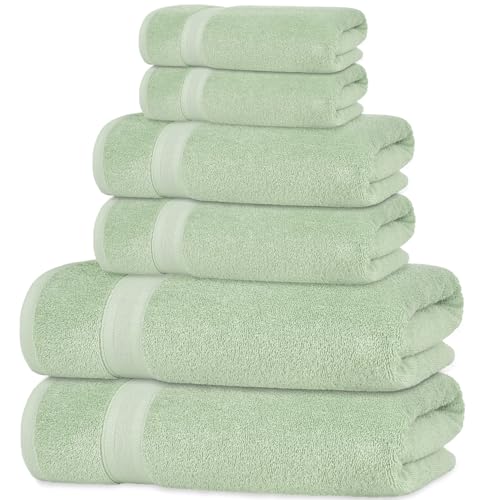 Image of Quick-Dry, Soft & High Absorbent Bath Towels Cotton Turkish Bath Towel Set of 6 | Daily Use 100% Cotton Towels for Bathroom, Gym & More | Bathroom Towels Set (6 Pcs, Green)