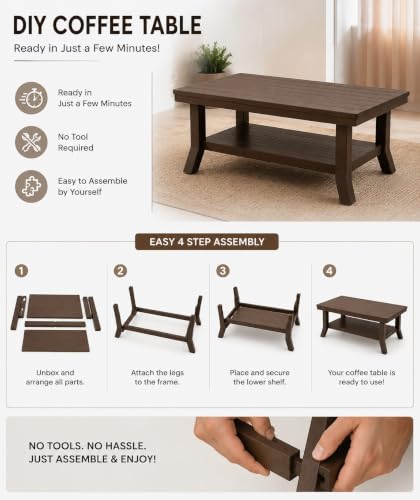 Image of ARWI Creations Royal Plastic Centre Table for Living Room with Storage Shelf, Coffee and Tea Table for Home, Balcony and Garden, Dark Brown, 82.5 x 52.5 x 42.5 cm