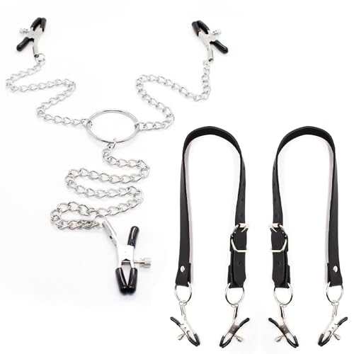 BDSMAGE 2 stk Schamlippen Klemmen Spreader Riemen + Nippelklemmen Kette mit Klitoris Klemmen,verstellbarer BDSM Sexspielzeug Set,Brust Stimulation Brustwarzenklemmen Vaginal Clip