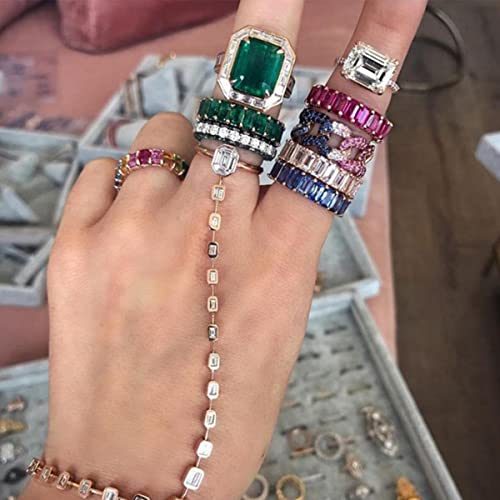 Image of Caiyao Green Emerald Eternity Paved Square Cubic Zirconia Promise Wedding Band Rings Gold Plated Baguette Jewelry Rectangle Emerald-Cut CZ Ring for Women Girls