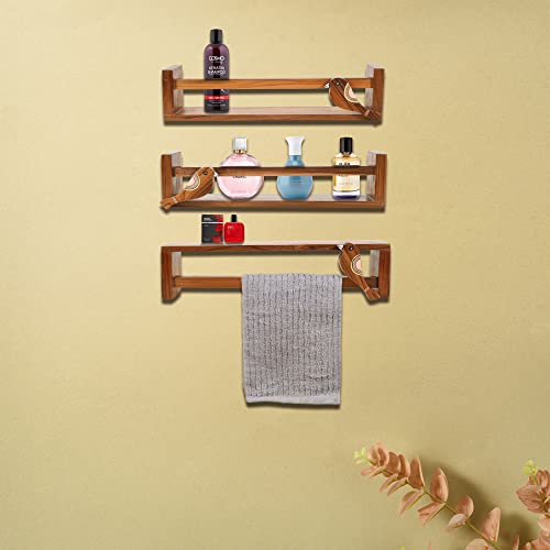 Image of AAKRITI ART CREATIONS | Floating Teak Wall Shelf for Powder Room Hand Towel Holder for Wash Basin | Towel Stand for Bathroom | Wooden Towel Stand for Counter Top | Set of 3 | 18.5X3.2X4.1