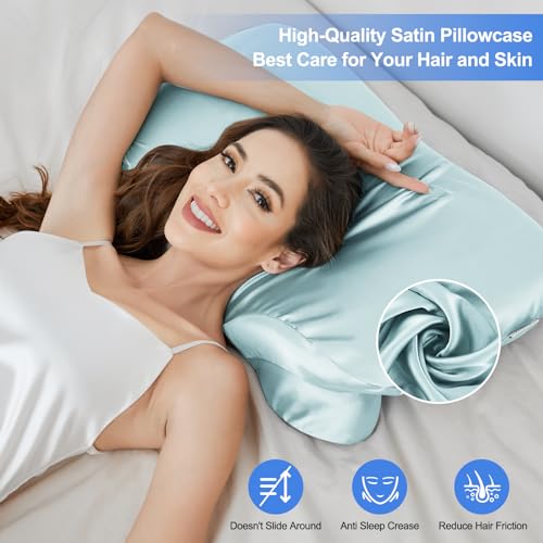 Image of Satin Pillowcase for Cervical Pillow, Ergonomic Case, Smooth & Silky Soft Sleeping Pillowcase, Light Blue Pillow Cover with Zipper