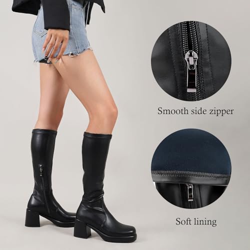 LanreyTaley Elastic Women Knee High Boots Platform Chunky Heel Tall Boots Suede Dress Boots Side Zipper Stretch Boots Fall4