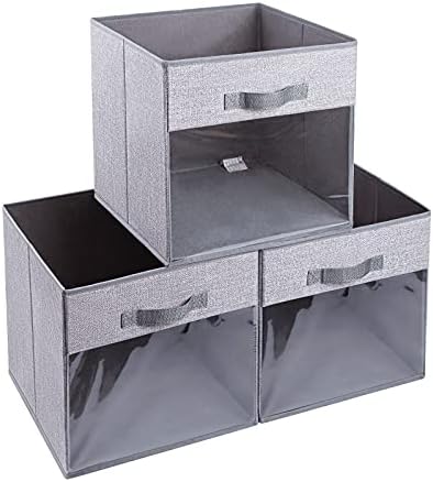 DIMJ 3 Pack Foldable Storage Boxes with Transparent Window, Fabric Storage Cubes with Reinforced Handle, Open Storage Bins Baskets for Wardrobe, Closet, Shelves, Home, Office (Sky Grey, 27*27*27 cm)