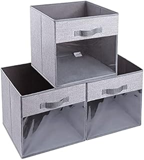 DIMJ 3 Pack Foldable Storage Boxes with Transparent Window, Fabric Storage Cubes with Reinforced Handle, Open Storage Bins Baskets for Wardrobe, Closet, Shelves, Home, Office (Sky Grey, 27*27*27 cm)