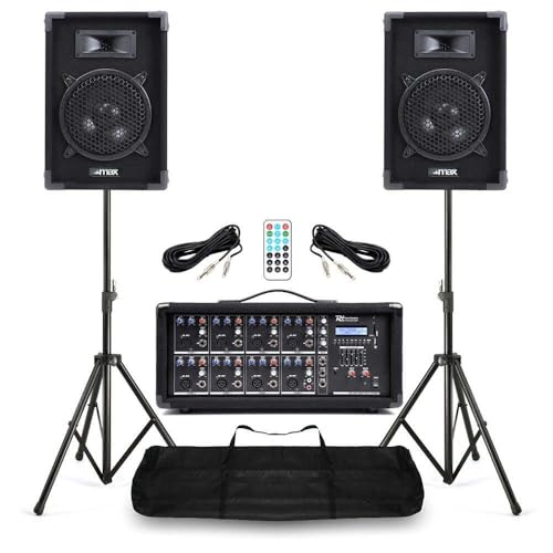 Power Dynamics & Vonyx Kleine PA Anlage für Bands Komplett Set – 8 Zoll Lautsprecher mit Stativen – 8 Kanal Mixer mit Verstärker & Bluetooth – 800 Watt Kompakte...