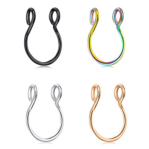 Fake Nose Rings, Nose Rings Hoop Stainless Steel Clip-on Nose Ring Piercings Jewelry for Women Men 4 Pcs