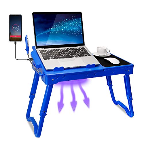 TeqHome Laptop Table for Bed, Adjustable Laptop Bed Desk with Fan, 4 USB Ports, Portable Lap Desk with Foldable Legs, Laptop Stand for Couch Sofa Bed Tray with LED Light, Storage, Mouse Pad - Blue