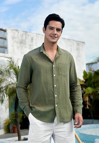 Enlision Leinenhemd Herren Hemd Langarm Baumwolle Leichtes Sommerhemd Freizeithemd Regular Fit Henley Shirt mit Brusttasche – Bild 3