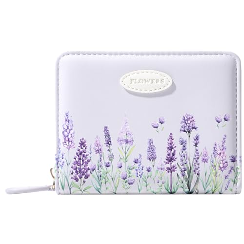 Sunwel Fashion Women Girls Wallet with Floral Prints Small Wallet with Coin Pocket, ID Window and Card Slots, Daisy, Tulip, Lavender, Lily of the Valley (Lavender)