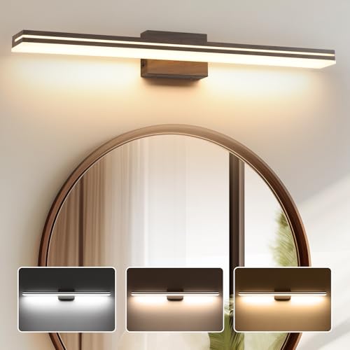 Image of SineRise LED Modern Bathroom Vanity Light Fixtures (40-Inch, 3000K /4000K /6000K, Dimmable), Brown Wood Painted Modern Acrylic Bathroom Wall Lighting Fixtures Over Mirror