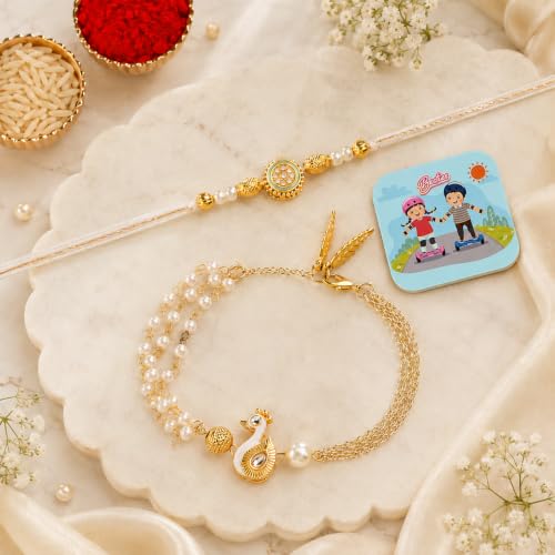 Image of CraftVatika Rakhi Gift for Brother and Bhabhi Set of 2, Bhaiya Bhabhi Rakhi, Designer Peacock Rakhis for Rakshabandhan, Premium Bracelet Lumba for Bhabhi, Fridge Magnet Gift, Rakshabandhan Gift Set