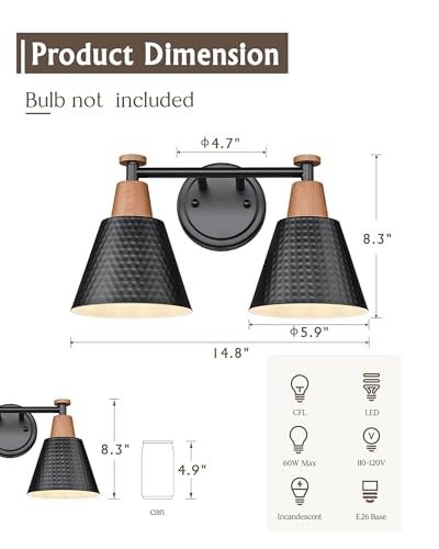 Image of FEMILA Modern 2 Light Bathroom Vanity Lights, Industrial Bathroom Light Fixtures Over Mirror, Black Vanity Lighting Fixtures, Woodgrain Finish, 4FG59B-2W BK-NW