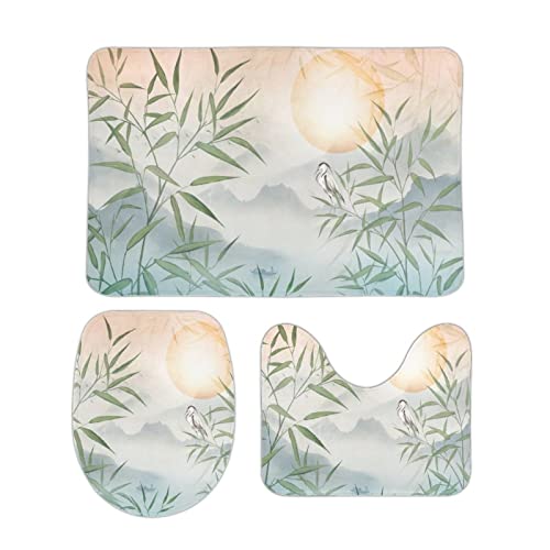 Homeoanimal Reed Bamboo Leaves Mountain Lake Bath Mat Set, Bathroom Rugs Sets 3 Pieces, Toilet Mats, Soft Comfortable, Non-Slip, Easier to Dry for Floor Mats 40 x 60 cm