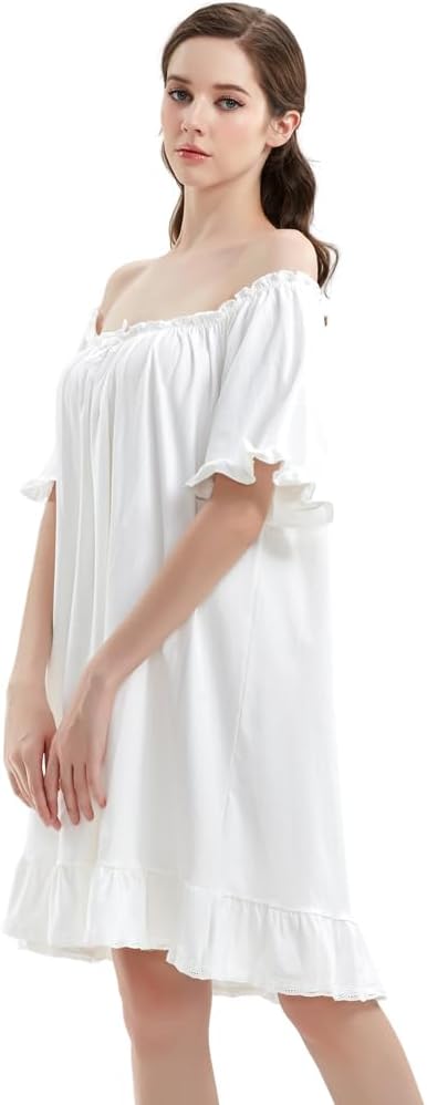 Women Cotton Nightdress Short Sleeve Vintage Nightgown Off the shoulder Loose Princess Dressing Gown - Image 4