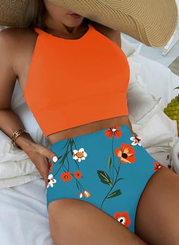 Image of Herseas Women's Bikini Sets High Neck Tropical Leaf Print High Waisted Two Pieces Swimsuits Bathing Suits
