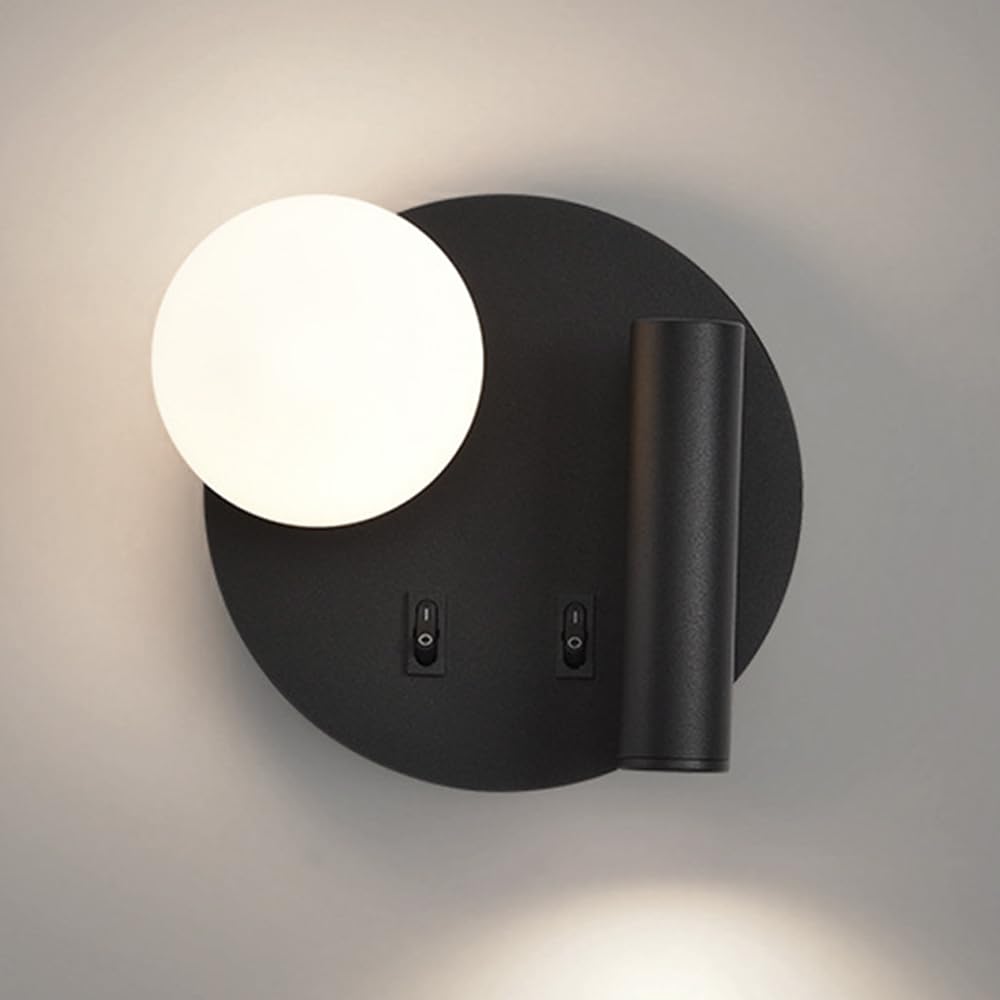 SXECAEPS Round Wall Sconce LED Mount Reading Light Bedside Lamp With Switch Globe Glass Sconces Bedroom Headboard Lights for Living Room Hotel Bed Read