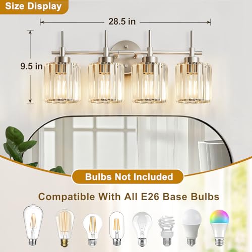 Image of EJIAXIN Crystal Bathroom Vanity Lights, 4 Light Bath Mirror Light Brushed Nickel Round Crystal Wall Mount Light Fixture Over Mirror Morden for Living Room